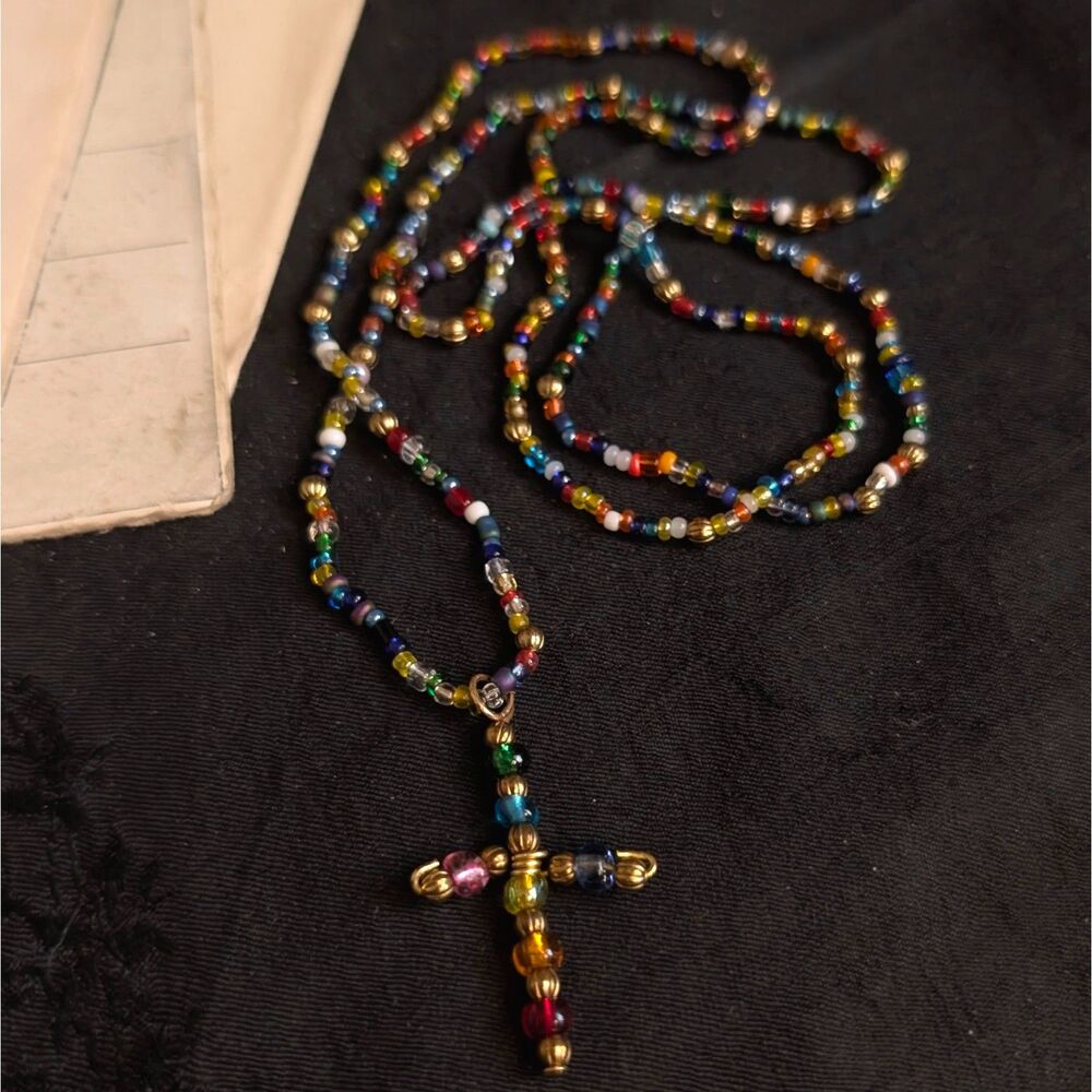 Glass Seed Beaded Cross Pendant Long Necklace Rainbow Gold